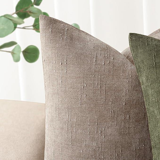 Foindtower Set of 2 Textured Chenille Throw Decorative Pillow Covers Square Accent Solid Cushion Cover Neutral Farmhouse Lumbar Pillow Case for Couch Sofa Bedroom Living Room 12x20 Inch,Light Taupe