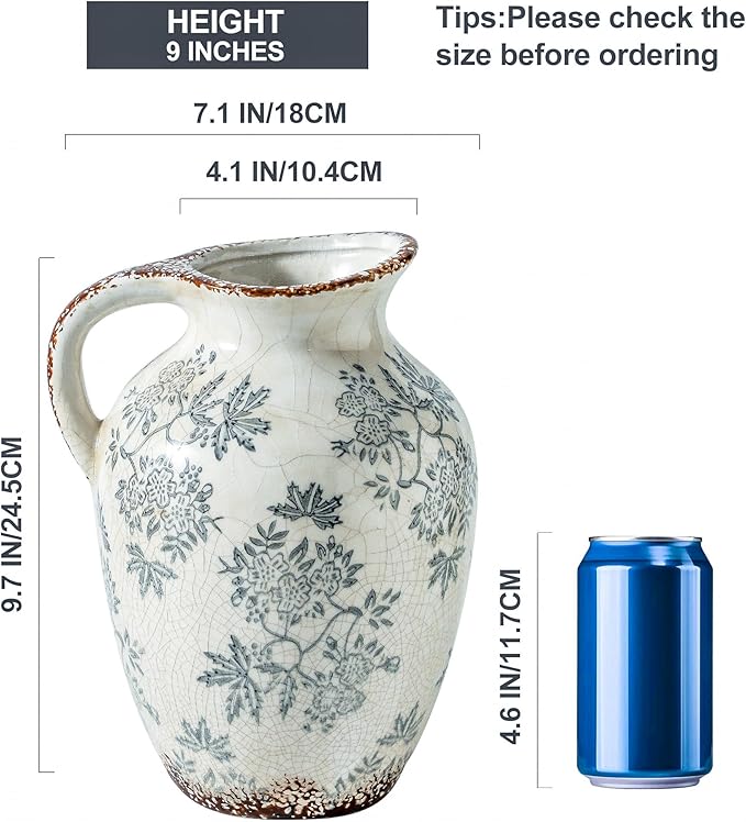 Enra Vintage vase with Handle,Blue and White Ceramic Decorative Flower vase, Chinoiserie Floral Vase,Large Rustic Vases for Home Decors, Living Room, Bookshelf, Office，9.7 inch