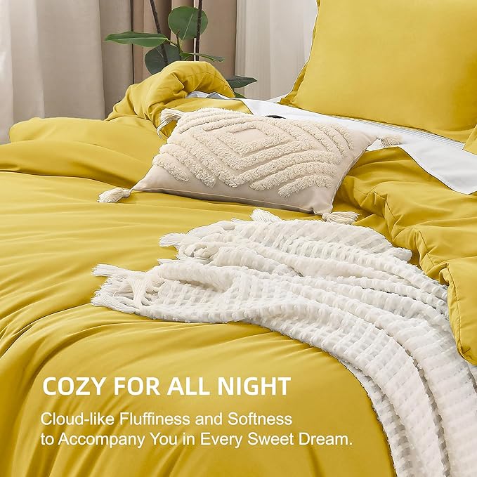 Litanika Mustard Yellow Comforter Set California King Size, 3 Pieces Cal King Lightweight Solid Bedding Comforter Set, All Season Fluffy Bed Set (104x96In Comforter & 2 Pillowcases)