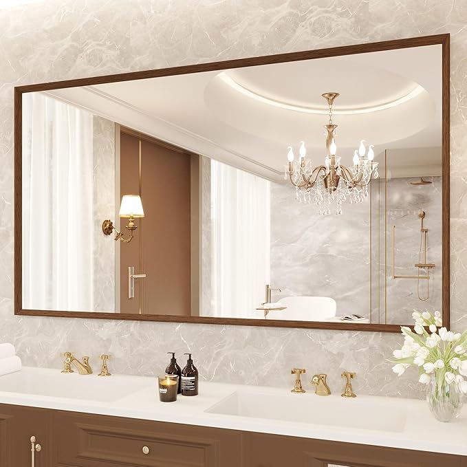 Rectangle Walnut Bathroom Mirror 55x30 Inch, Anti-Rust 4MM Tempered Glass, Modern Vanity Mirror for Bathroom, Horizontal or Vertical Wall Mount