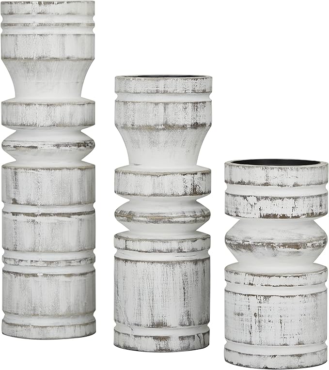 Deco 79 Wood Decorative Candle Holder Candle Stand, Set of 3 Candlestick Holder 14", 11", 8" H, White