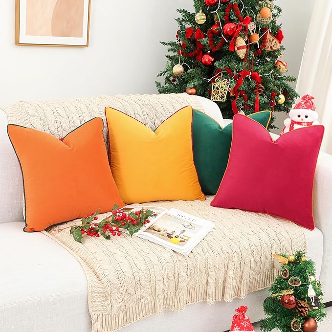 Mecatny Set of 4 Velvet Christmas Throw Pillow Covers 18x18, Soft Colorful Accent Decorative Couch Pillow Covers for Sofa Bedroom Living Room, Green/Red