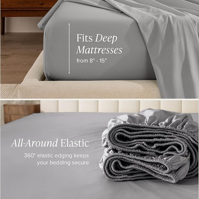 Bare Home 100% Organic Cotton Queen Sheet Set - Crisp Percale Weave - Lightweight & Breathable - Bedding Sheets & Pillowcases (Queen, Light Grey)