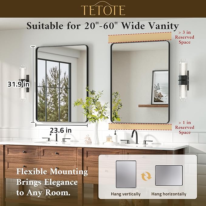TETOTE Black Bathroom Mirror 24 x 32 Matte Black Metal Framed Vanity Mirror, Tempered Glass, Wall Mounted for Bathroom, Entryway, Bedroom, Living Room(Horizontal/Vertical)