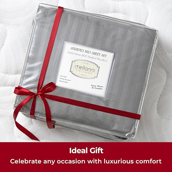 Mellanni California King Sheets Set - 4 PC Iconic Collection Bedding - Hotel Luxury, Extra Soft, Cooling Bed Sheets - Wrinkle, Fade, Stain Resistant (Cal King, Striped Gray/Silver)