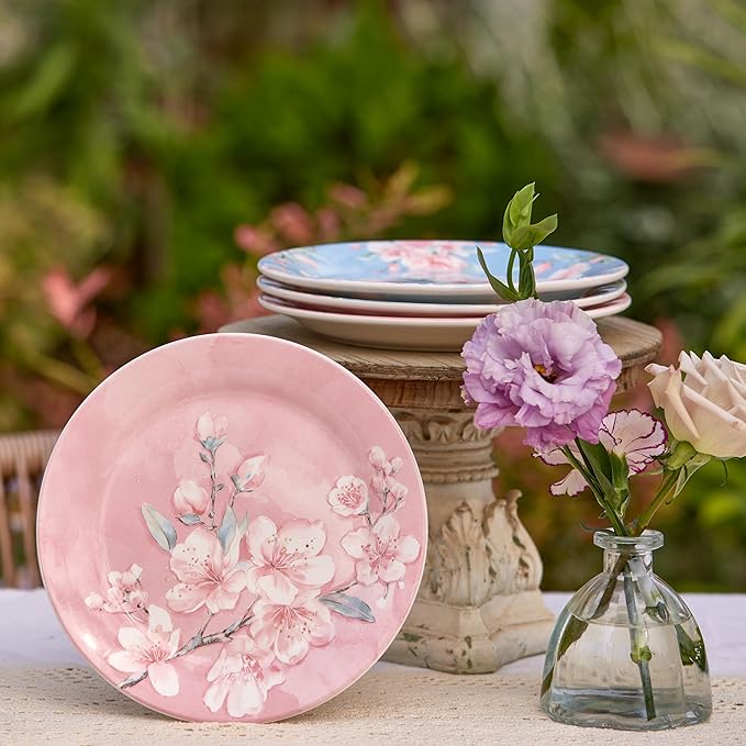 Bico Spring Sakura Salad Plates Set of 4, 8.75 Inch Ceramic Dessert Plates for Salad, Appetizer, Side Dishes, Microwave and Dishwasher Safe, Gift for Housewarming and Thanksgiving