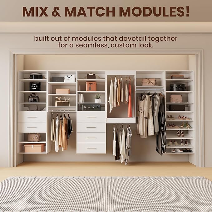 ROOMTEC 19.5" Tall Hanging Closet Unit, Modular Closet System with Hanging Rod, Wardrobe Organizer for Bedroom or Walk-in Closet, Wall Mounted, Customizable Clothes Storage Unit, White