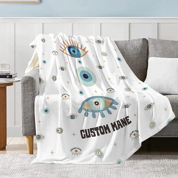 Custom Name Blanket with Evil Eye, Personalized Spiritual Blanket Evil Eye Decor for Car Couch Bedroom,Customized Magic Evil Eye Pattern Home Decor for Men Women,50"x60"-Teens/Travel Size