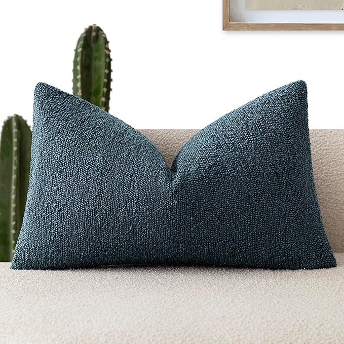 Foindtower Decorative Textured Boucle Throw Pillow Covers Accent Solid Lumbar Pillow Cases Soft Cozy Couch Cushion Case for Chair Sofa Bedroom Living Room Home Decor 12x20 Inch,1PC,Dark Blue