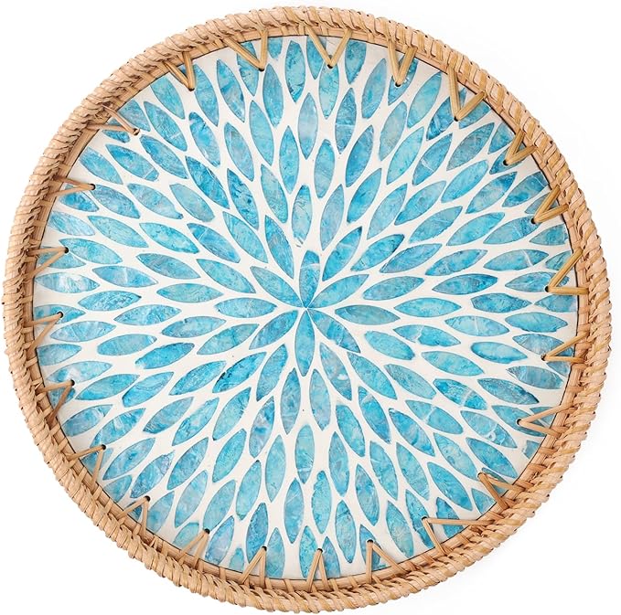 Round Rattan Tray with Mother of Pearl Inlay, Rattan Serving Tray for Coffee, Bread, Fruits, Decorative Wicker Tray for Table Decor, Home Decor, Kitchen Island Decor (Turquoise Leaf, 11.8")