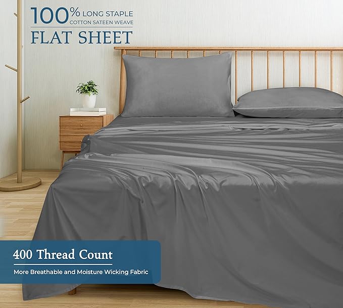 400 Thread Count 100% American Grown Cotton Grey Flat Sheet Only - Cooling Sheets - Luxury Sateen Weave - Queen Size Flat Sheet Sold Separately - Super Soft Cotton Top Sheets (Queen, Spanish Slate)