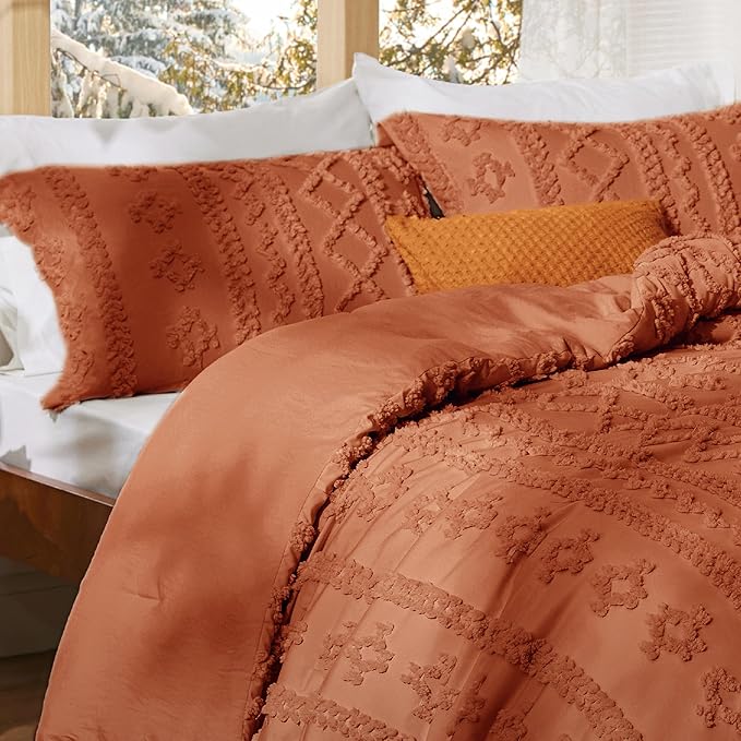 Bedsure Tufted Boho Comforter Set California King - Terracotta Boho Bed Set, GentleSoft™ 3 Pieces Farmhouse Shabby Chic Embroidery Bedding, Gifts for Woman, Soft Jacquard Comforter for All Seasons