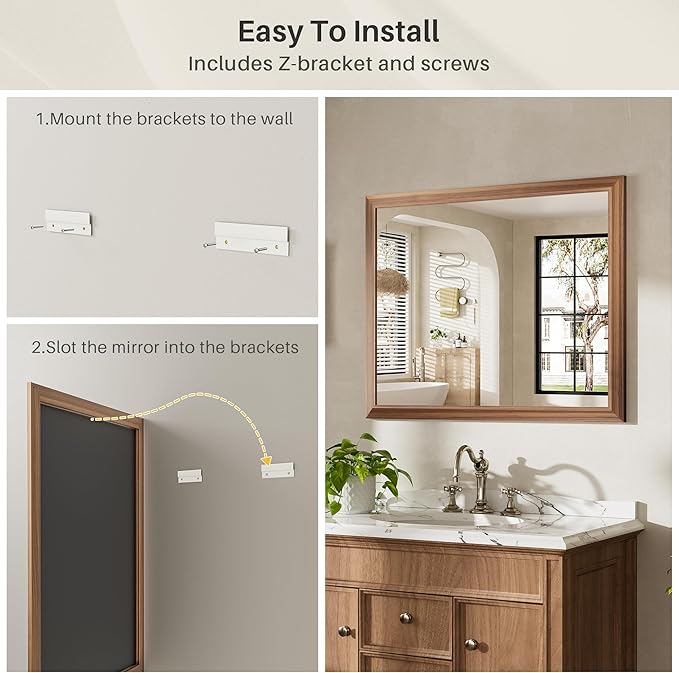 40x38 Inch Bathroom Mirror for Wall, Anti-Rust Walnut Wood Grain Metal Framed Bathroom Mirrors for Over Sink,Rectangler Mirrors for Bathroom Vanity, Farmhouse, Bedroom, Living Room, Entryway Decor