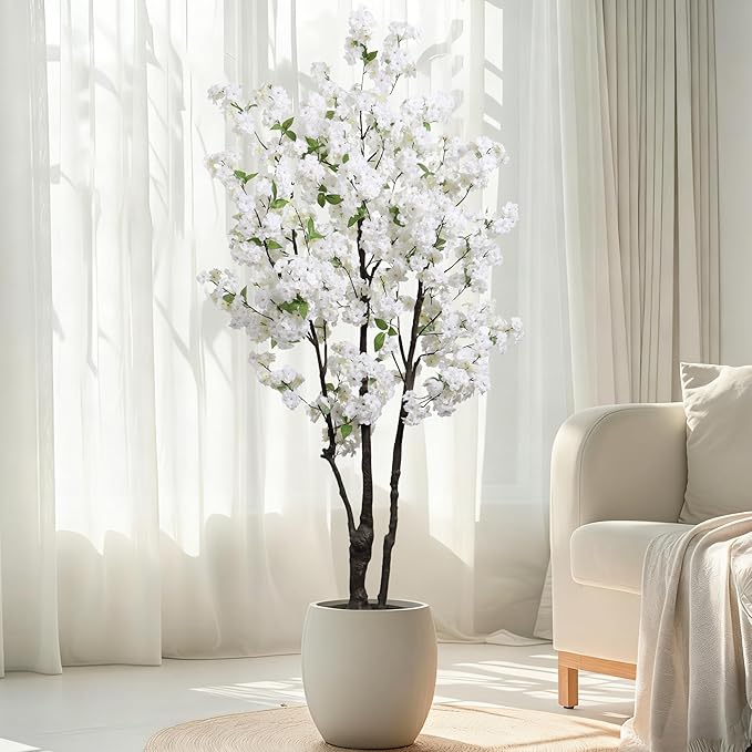 Artificial White Cherry Blossom Tree 6ft(72in) Faux Floor Green Plant for Indoor Decor Natural Potted Tree Realistic Cherry Flowers Wood Trunk for Home Living Room,Office Perfect Housewarming Gift