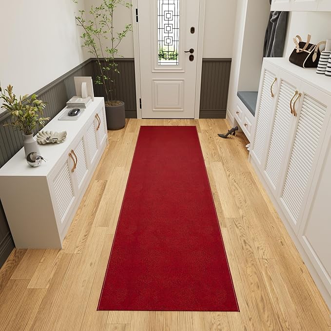 Ottomanson 2'7" x 18' Ultra-Thin Hallway Runner Rug - Durable Non-Slip Carpet for High-Traffic Areas - Fits Under Doors for Seamless Entry - Ideal for Kitchen, Entryway, Bedroom & Living Room, Red