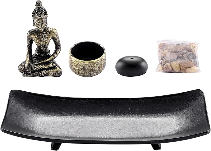 Jovivi Zen Garden Set Buddha Statue w/Tealight Candle Holder, Rocks & Incense Burner Holder & Wood Tray for Yoga Meditation Home Table Decor Gift