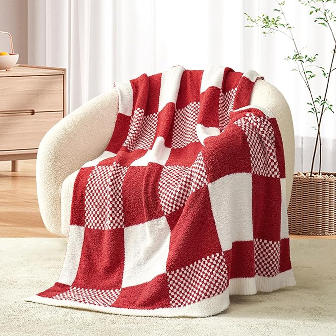 Snuggle Sac Checkered Blanket, Red Throw Blanket for Couch Buffalo Plaid Microfiber Fluffy Warm Cozy Fuzzy Soft Throw Blanket Reversible Checkerered Blankets for Sofa, Chair, Bed, 50x60 inches