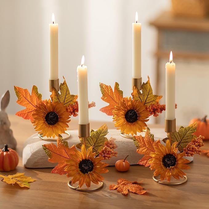 Romadedi Fall Candle Holder for Thanksgiving: Candlestick Holders Decor for Autumn Table Centerpiece Gold Party Decoration Indoor Kitchen Dining Fireplace Mantel Sunflower Maple Leaves Set of 4