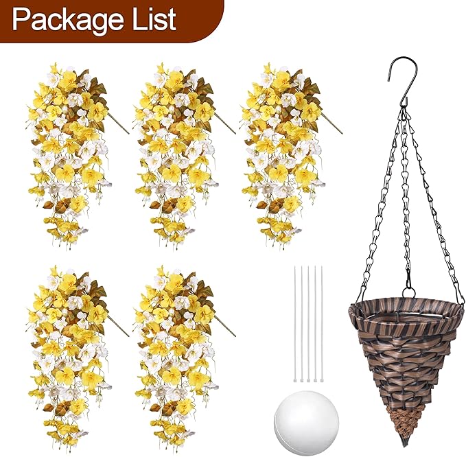 Artificial Fake Fall Hanging Flowers Plants Baskets for Outdoor Decoration, 5Pcs Faux Silk Hibiscus Long Vines in Planter UV Resistant Realistic Flower for Outside Home Porch Patio Garden