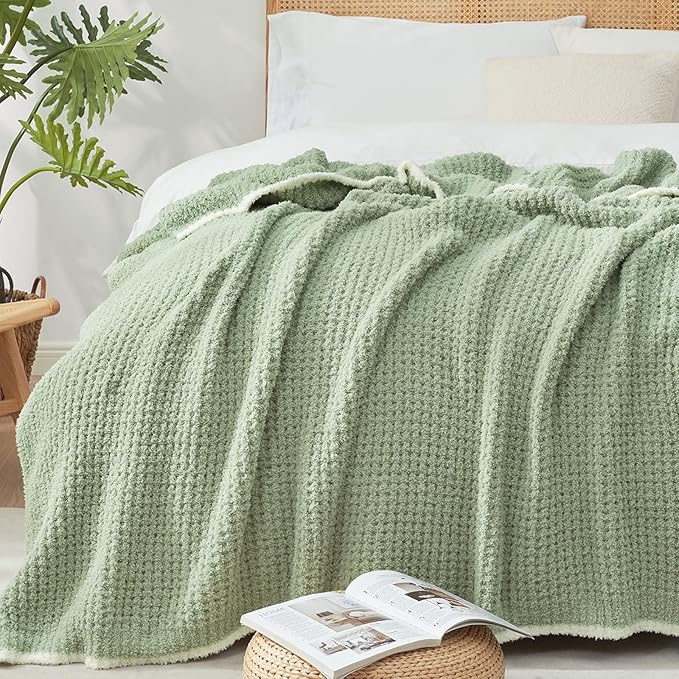 Snuggle Sac Sage Green Waffle Throw Blanket for Couch Bed Sofa 60x80 inches, Reversible Sage Green Blanket Microfiber Fluffy Fuzzy Cozy Knit Twin Blanket for Women Mothers Birthday Gifts