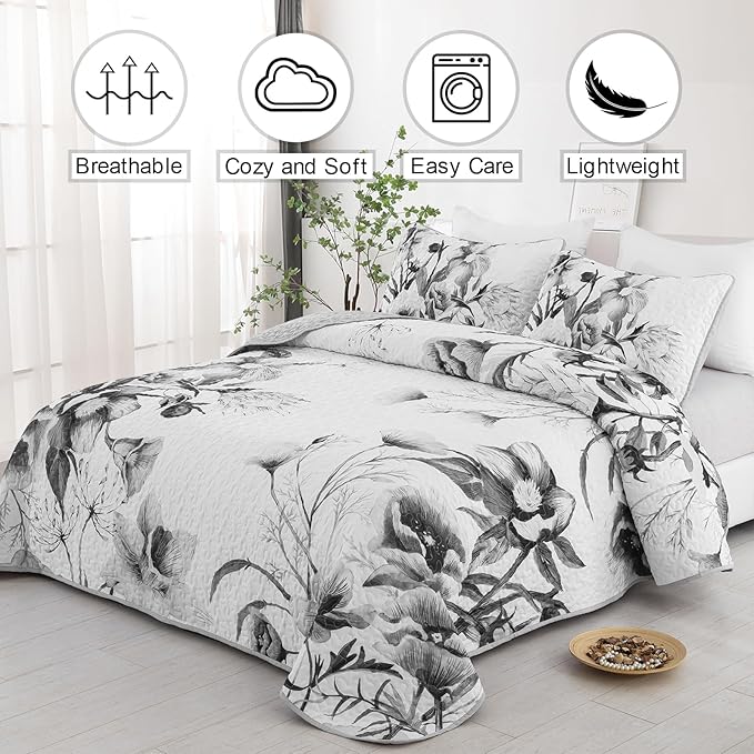 Floral Quilt Set King 3 Pieces Grey Floral Quilt Coverlet Set Soft Microfiber Lightweight White Quilted Bedspread for All Season 104"x90"