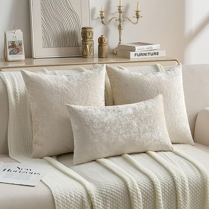 FUTEI Cream Flannel Throw Pillow Covers 12x20 Inch Set of 2,Soft Dimensional Textured Lumbar Pillow Cases,Modern Home Decor for Couch Living Room