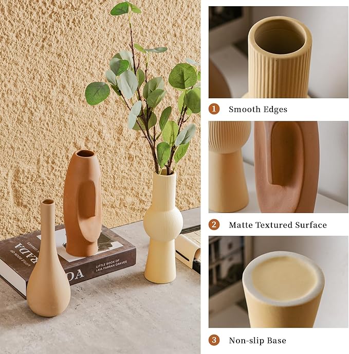 Ceramic Flower Vase Set of 3, Home Decor Vases for Centerpieces, Tulips Flowers Pampas Grass Decor, Boho Rustic Farmhouse Kitchen Bedroom Bathroom Living Room Office Wall Decor Aesthetic -Beige