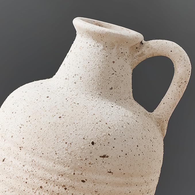 SIDUCAL Rustic Ceramic Farmhouse Flower Vase with 1 Handle-Height 8.43" Terracotta Vase, Unique Textured Pottery Flower Vases for Home Decor, Table, Wedding, Living Room, Shelf Decor, Speckled White