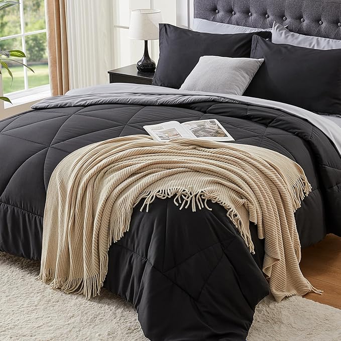 BEDELITE Twin Comforter Set 5 Pieces Bed in A Bag - Soft Microfiber Reversible Black Bed Set with Comforters, Sheets, Pillowcase & Sham, Cozy Luxury Bedding Sets for All Season