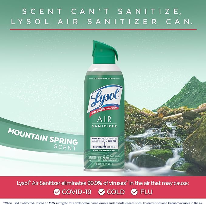 Lysol Air Sanitizer Spray with Odor Eliminator for Home & Office, Sanitizing Spray, Air Freshener Alternative, Mountain Spring Scent, 10 oz (Pack of 3)