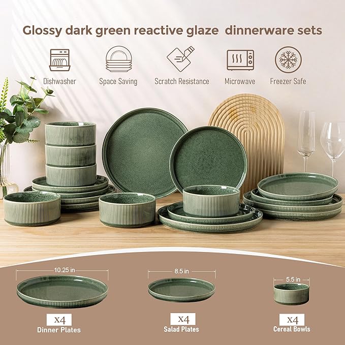 GBHOME Stoneware Dinnerware Sets for 4,Round Reactive Glaze Ceramic Plates and Bowls Set,Highly Scratch Resistant| Dishwasher & Microwave Safe Dishes Set,Service for 4(12Pcs)
