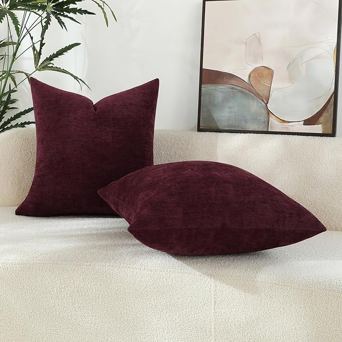 Burgundy Red Chenille Decorative Couch Throw Pillow Covers, Soft Cushion Cases for Home Livingroom Sofa Décor, Pack of 2, 20 x 20 Inches