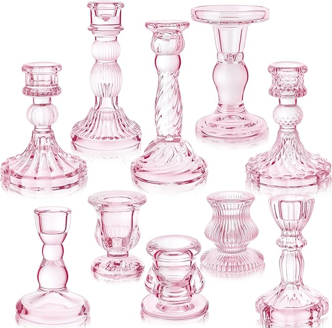 Mumufy 10 Pcs Glass Crystal Taper Candle Holders Clear Glass Candlestick Holder Fit 0.8 Inch Candles Crystal Decorative Candle Stand Centerpiece Table Wedding Dining Party (Classic,Pink)