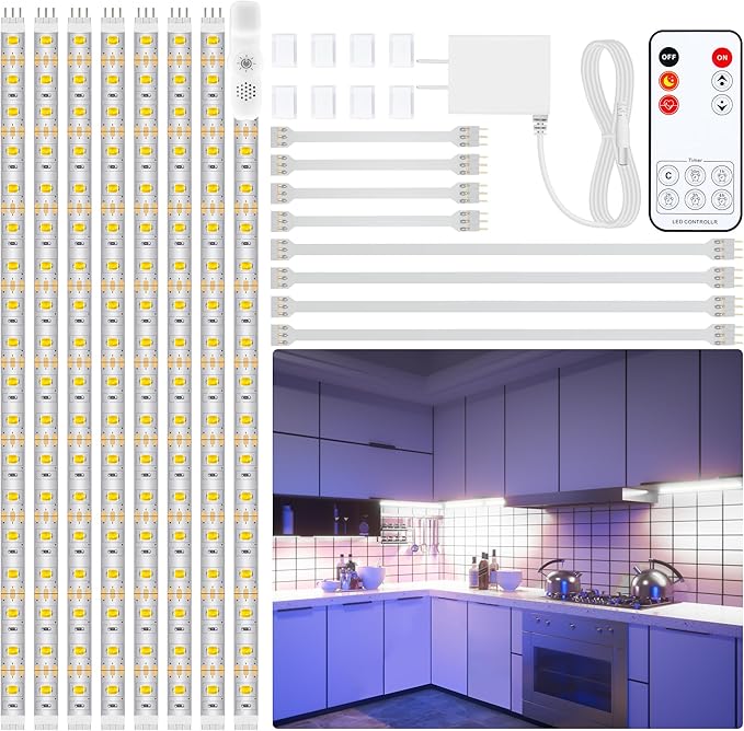 LAFULIT 8 PCS Under Cabinet Lighting Kit, Bright Under Cabinet Lights, Flexible Led Strip Lights with Remote and Power Adapter, for Kitchen Cabinets Shelf Desk Counter, 6000K Daylight White, 13ft