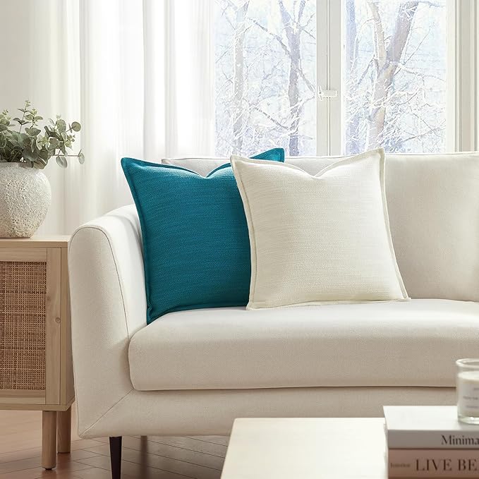 Meekio Set of 2 Teal Pillow Covers 20x20, Linen Look Throw Pillow Covers with Flange Edge for Sofa Couch Living Décor