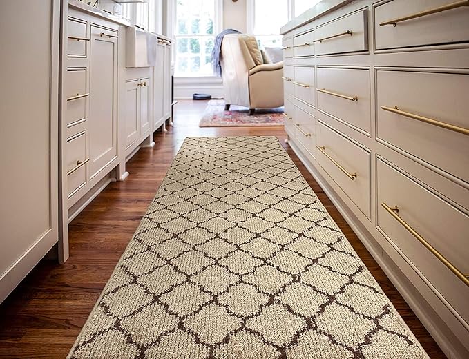 Custom Size Modern Runner Rug Carpet for Hallway Entryway Foyer Kitchen, Slip Resistant Latex Rubber Backed 31 inch Wide X Customized Length, Trellis Beige, 31 inch X 12 feet