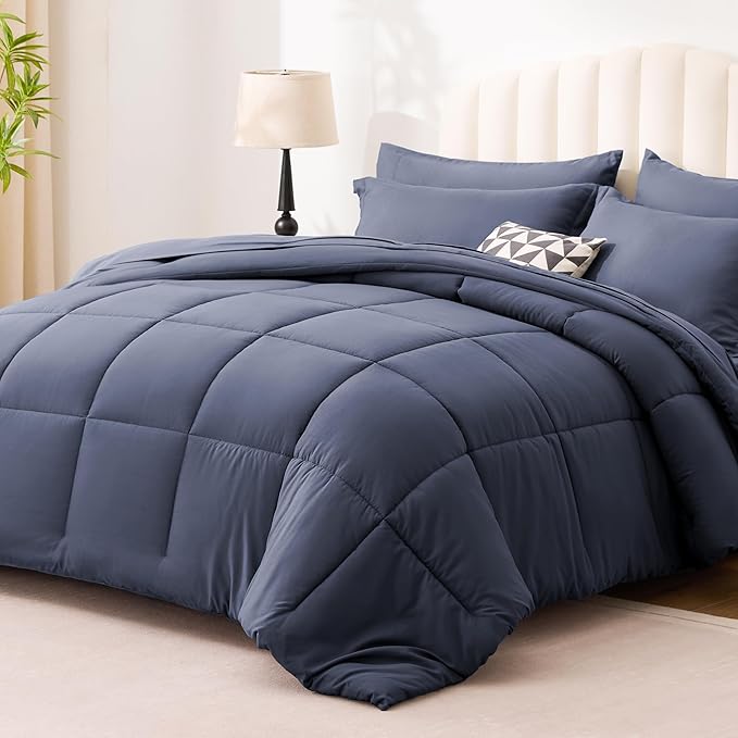Love's cabin Queen Comforter Set Indigo Blue, 7 Pieces Queen Bed in a Bag, All Season Bedding Sets with 1 Comforter, 1 Flat Sheet, 1 Fitted Sheet, 2 Pillowcase and 2 Pillow Sham