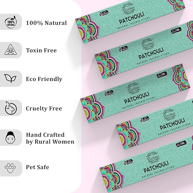 Raajsee Patchouli Incense Sticks (180 gm), 100% Pure Organic Natural Hand Rolled Free from Chemicals - Patchouli Incense Perfect for Aromatherapy, Cleansing, Meditation, and Church(Pack of 12)
