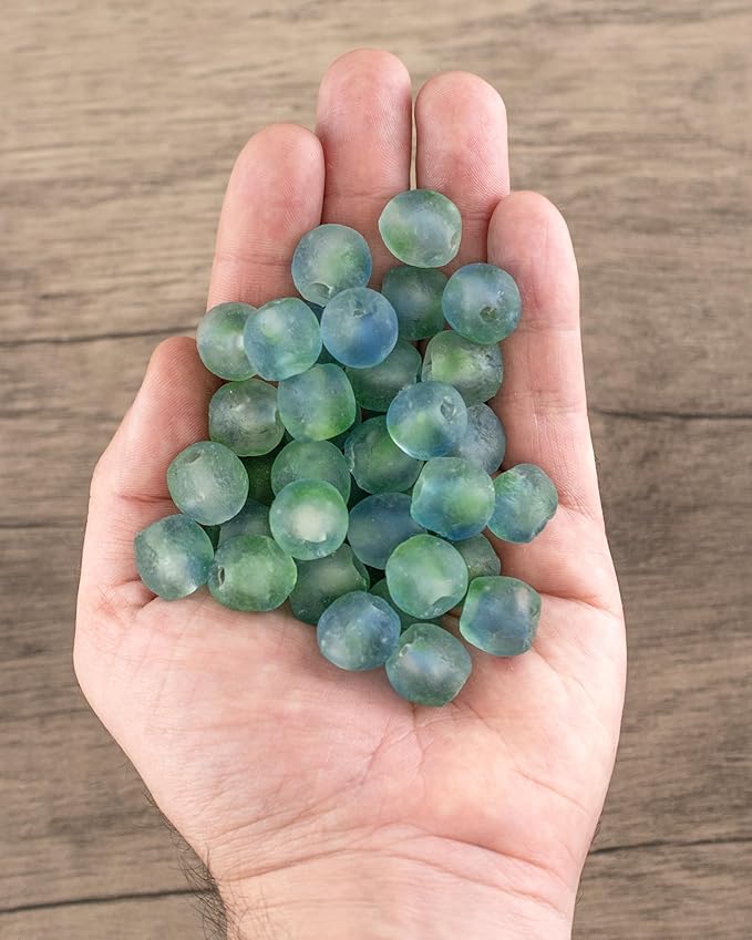 The Bead Chest Multicolor African Recycled Glass Beads 14mm – Blue, Green, White – Large Hole 25-Inch Strand, Handmade in Ghana for Jewelry Making & Crafts I Approximately 45 Beads