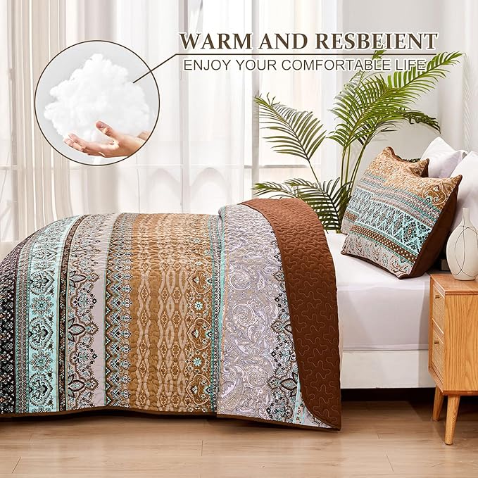 WONGS BEDDING Boho Fall Queen Quilt Set, Brown Bohemian Queen Quilt Bedding Set, Lightweight Microfiber Bed Decor Bedspread for All Season 96"x90"(3 Pieces)