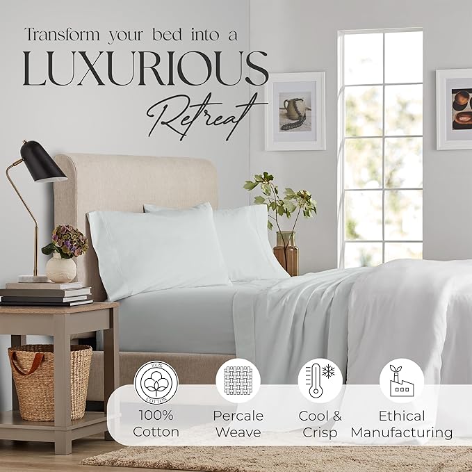 SUPREME ELEGANCE Full Size Bed Sheets Set - Natural 100% Cotton Percale Deep Pocket Full Size Sheets Set, OekoTex Made in Green Sustainable Cotton Bedding with Snug Fit, Crisp Comfy Feel, Soft Silver