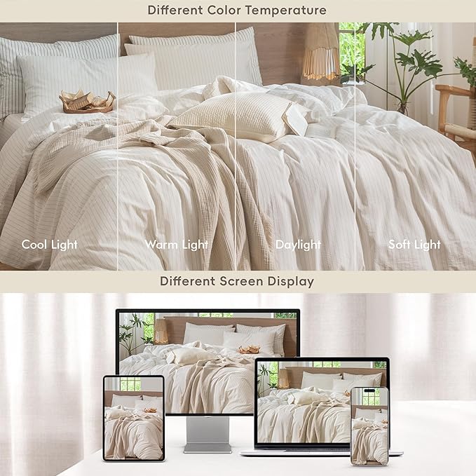 MooMee Striped Duvet Cover Set 100% Washed Cotton Linen Like Textured Breathable Durable Soft Comfy (White Almond Milk Grey Wide Stripes, Cal King 104"x98")