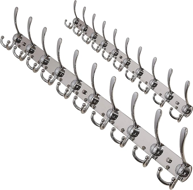 Dseap Coat Rack Wall Mount - 38” Long 10-Tri-Hooks Heavy Duty Coat Hanger Rail Wall Hooks for Hanging Coats Hats Clothing Clothes Purse Mudroom Entryway, Chromed, Pack of 2