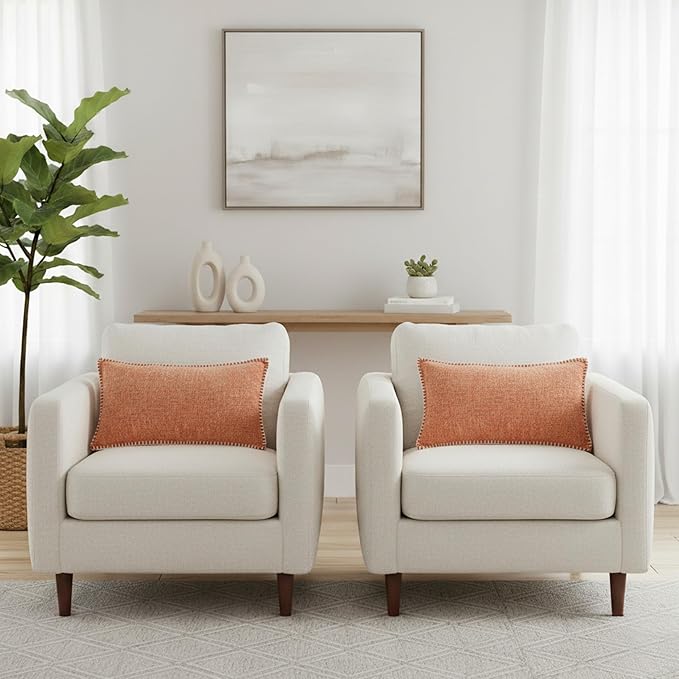 Lumbar Pillow Covers with Stitched Edge 12x20 inch Orange Set of 2 Soft Textured Chenille Oblong Rectangular Cushion Covers Modern Decorative Pillowcases for Chair Sofa Couch Pillows