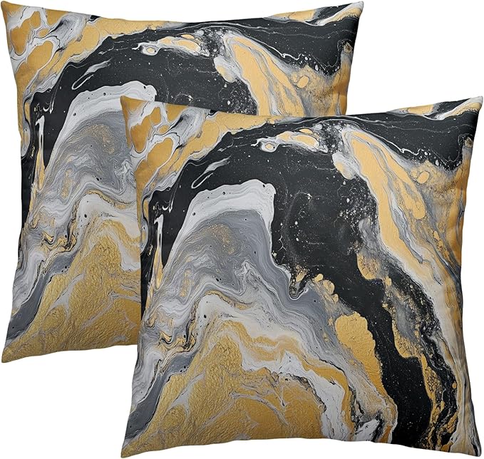 Black Yellow Marble Pillow Covers - Grey Silver Marbles Throw Pillow Covers Abstract Fluid Art Ink Pillowcases 18x18 Set of 2 Decorative for Couch Sofa Car Bedroom