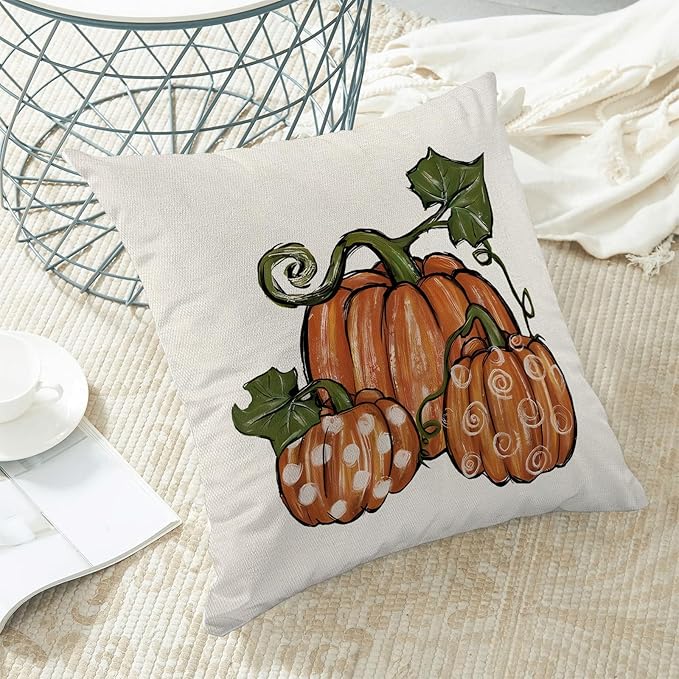 Fall Pillow Covers 20 x 20 Inch, Polka Dots Burnt Orange Pumpkins Decor Throw Pillows for Home Couch Bed, Autumn Thanksgiving Harvest Outdoor Decorative Pillowcase Linen Cushion Cover Set of 2