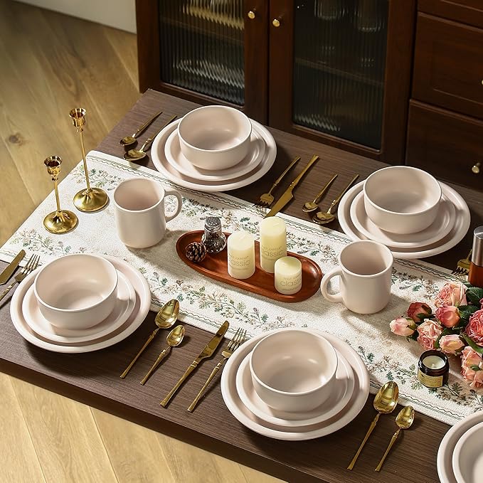 GZG Vintage Series - Ceramic Dinnerware Set for 4, 12 Pieces Stoneware Plates and Bowls Set, Lead-Free, Handcrafted Dishes Set, Microwave & Dishwasher Safe - Cream White