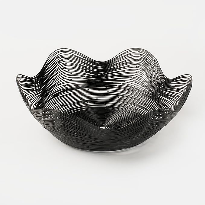 Mela Artisans Metal Bowl, Gold, Medium, 9 x 4, Ruffle Decorative Style Bowls for Fruits & More, Kitchen Counter w/Round Underneath, Handmade, Sustainable, Elegant, Black