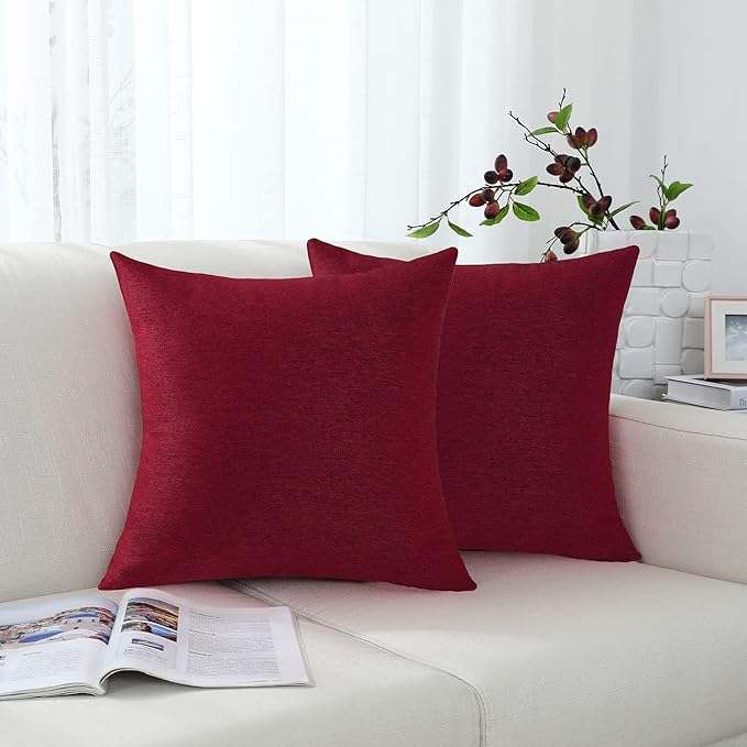 Jeneoo Decorative Burgundy Red Throw Pillow Covers Rustic Farmhouse Square Linen Burlap Soft Comfy Solid Cushion Couch Cases for Sofa Living Room (Set of 2, 18 x 18 Inches)