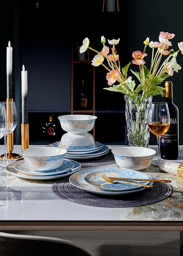 Bone China Plates and Bowels,12-Pieces Dinnerware Sets, Highly Chip and Crack Resistant, Dishwasher & Microwave Safe Dishes Set, Dense and Translucence